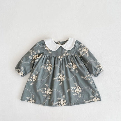 長袖ワンピース Grey / 12M 80cm キッズワンピース 長袖丸襟ワンピース 刺繍ドレスワンピース 2カラー【mh0004758】