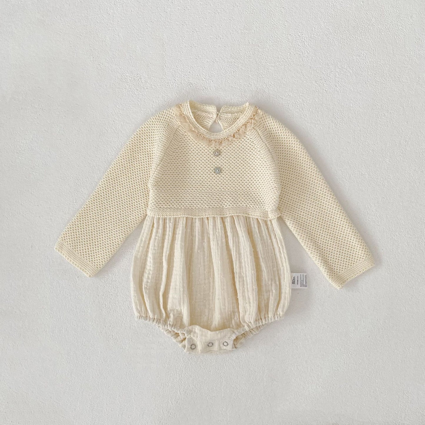 長袖ロンパース Ivory / 66cm Patchwork Knitted Romper パッチワーク ニット ロンパース【mh0012179】