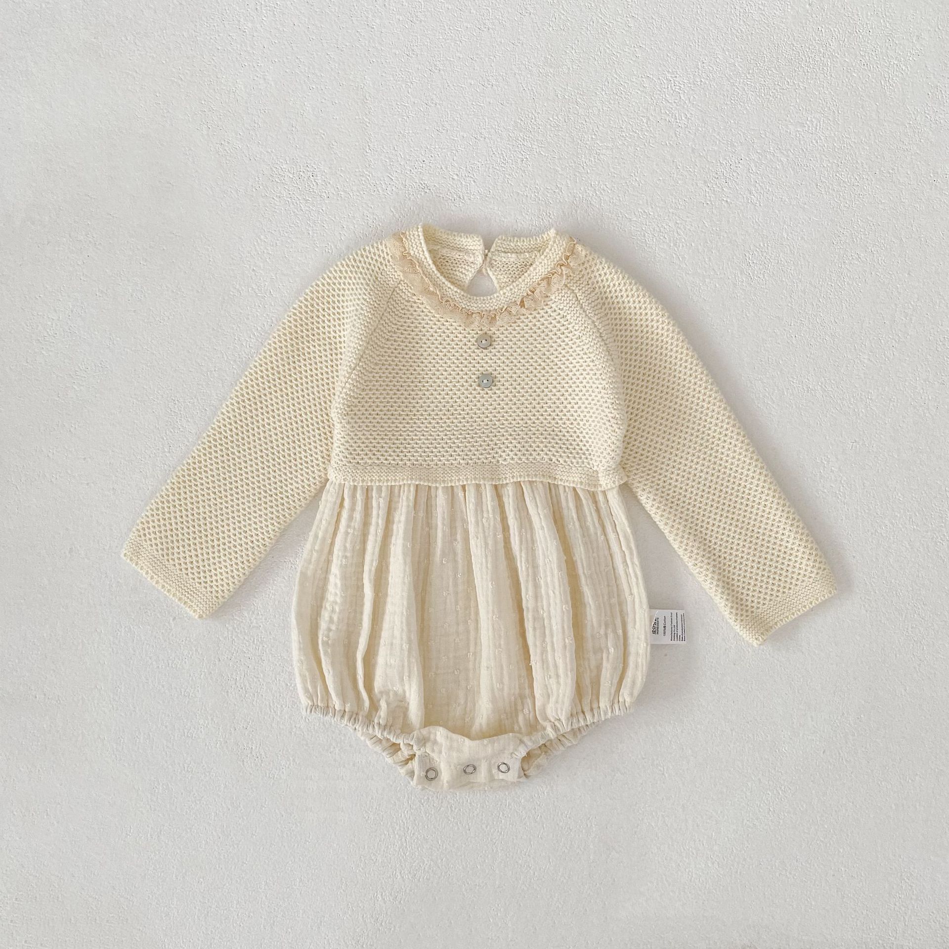 長袖ロンパース Ivory / 66cm Patchwork Knitted Romper パッチワーク ニット ロンパース【mh0012179】