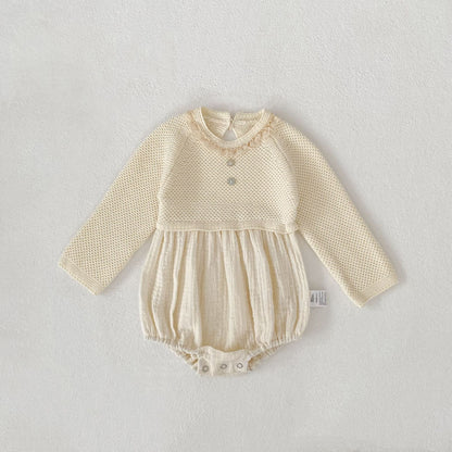 長袖ロンパース Ivory / 66cm Patchwork Knitted Romper パッチワーク ニット ロンパース【mh0012179】