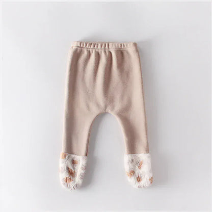 レギンスパンツ Khaki / 3-6M 66cm ベビーパンツ レオパード柄ファー足つきレギンスパンツ 2カラー【mh0007001】