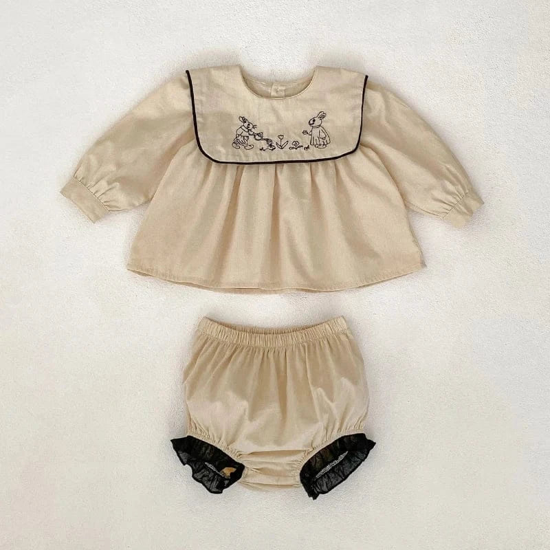 長袖セットアップ Khaki / 6-9M 73cm ベビーキッズセットアップ 2点セット うさぎ刺繍襟長袖チュニックブラウス+ブルマパンツ カーキ【mh0006995】