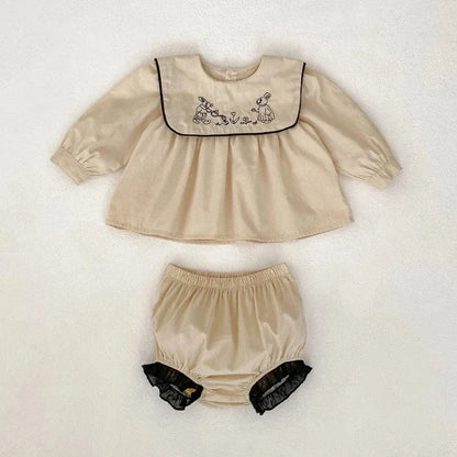 長袖セットアップ Khaki / 6-9M 73cm ベビーキッズセットアップ 2点セット うさぎ刺繍襟長袖チュニックブラウス+ブルマパンツ カーキ【mh0006995】