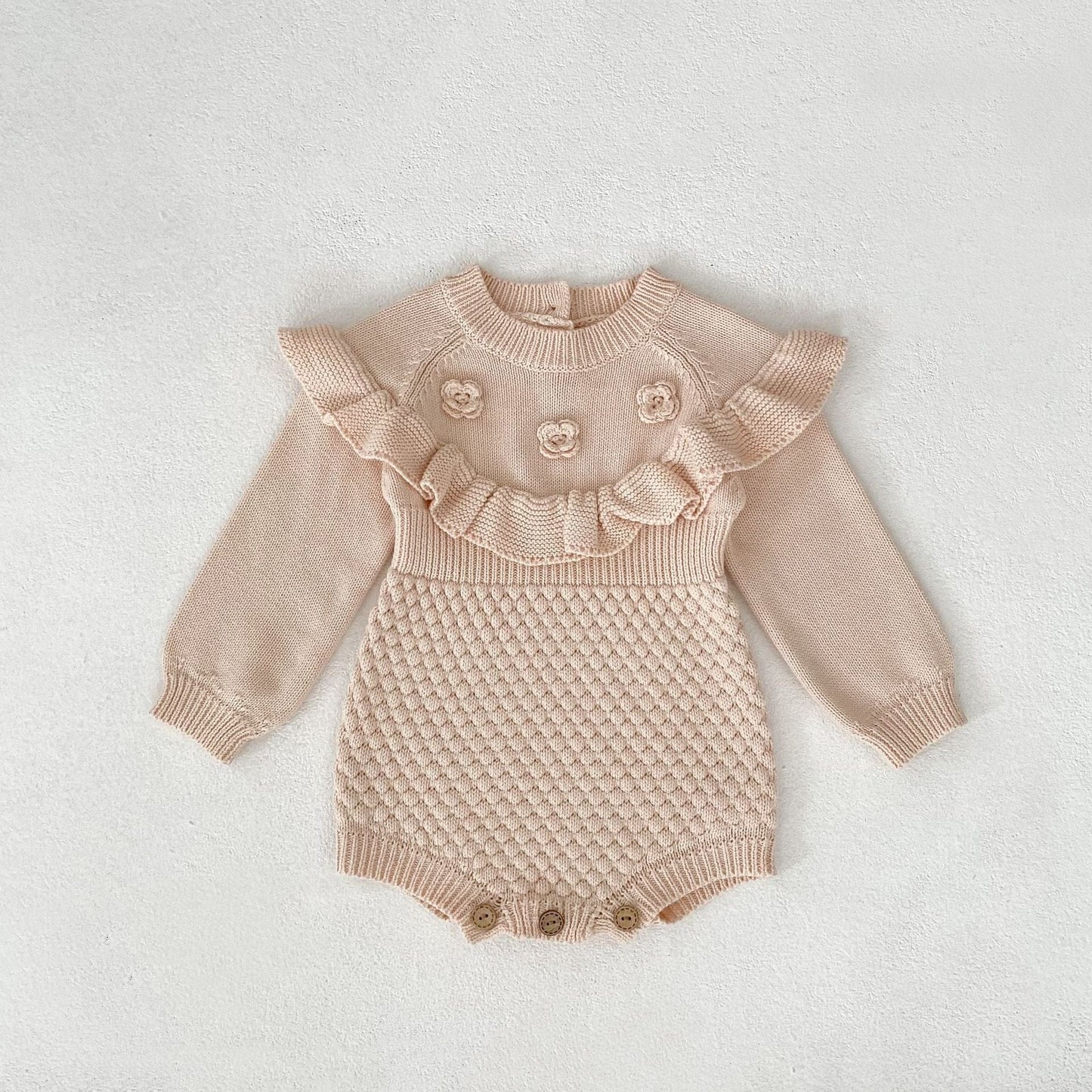 長袖ロンパース Leather Pink / 66cm フラワー刺繍長袖ニットロンパース【mh0010509】