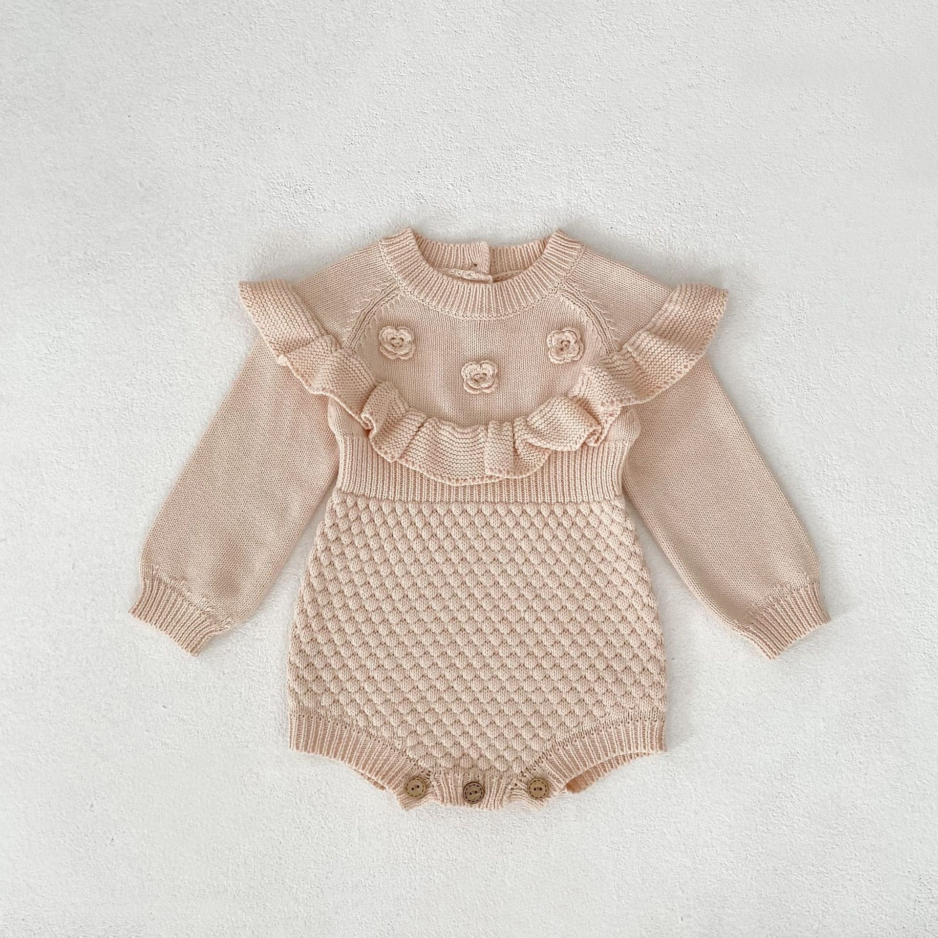 長袖ロンパース Leather Pink / 66cm フラワー刺繍長袖ニットロンパース【mh0010509】