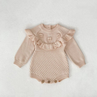 長袖ロンパース Leather Pink / 66cm フラワー刺繍長袖ニットロンパース【mh0010509】