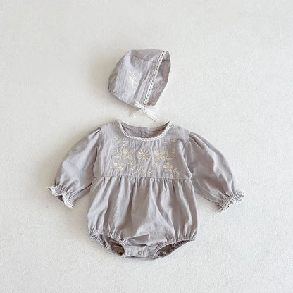 長袖ロンパース Light Gray / 6M 66cm ベビーロンパース ボンネットセット 長袖ボディスーツ フラワー花柄刺繍 帽子セット 2カラー【mh0006260】