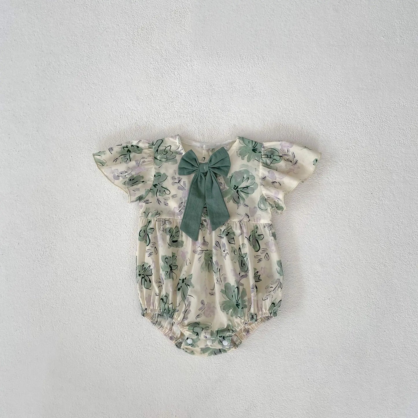 半袖ロンパース Light Green / 66cm 0-6m ベビーロンパース 半袖フリルスリーブボディスーツ リボン フラワー花柄プリント【mh0004642】