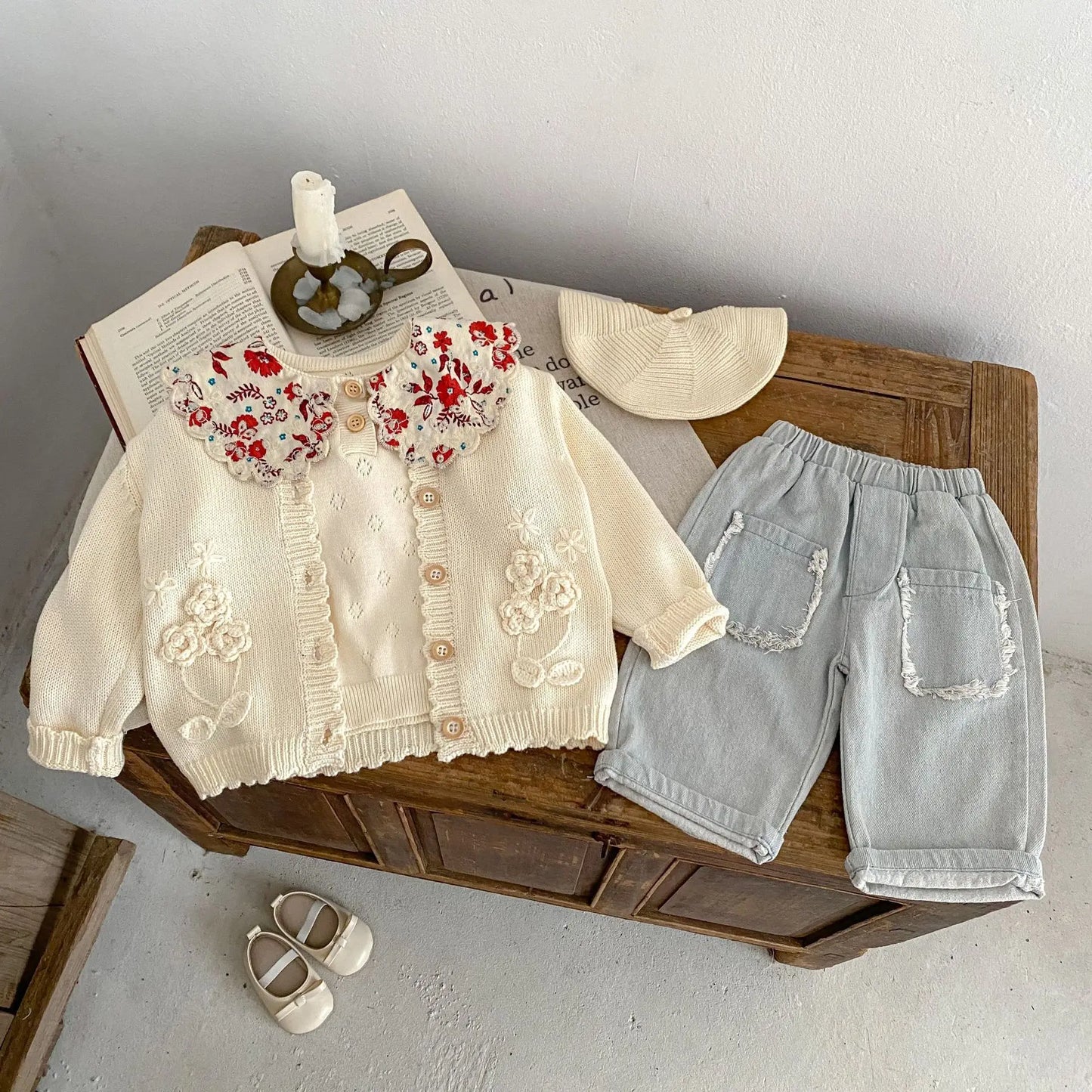 カーディガン・パーカー ベビーカーディガン フラワー花柄刺繍ニットジャケット【mh-0008742】