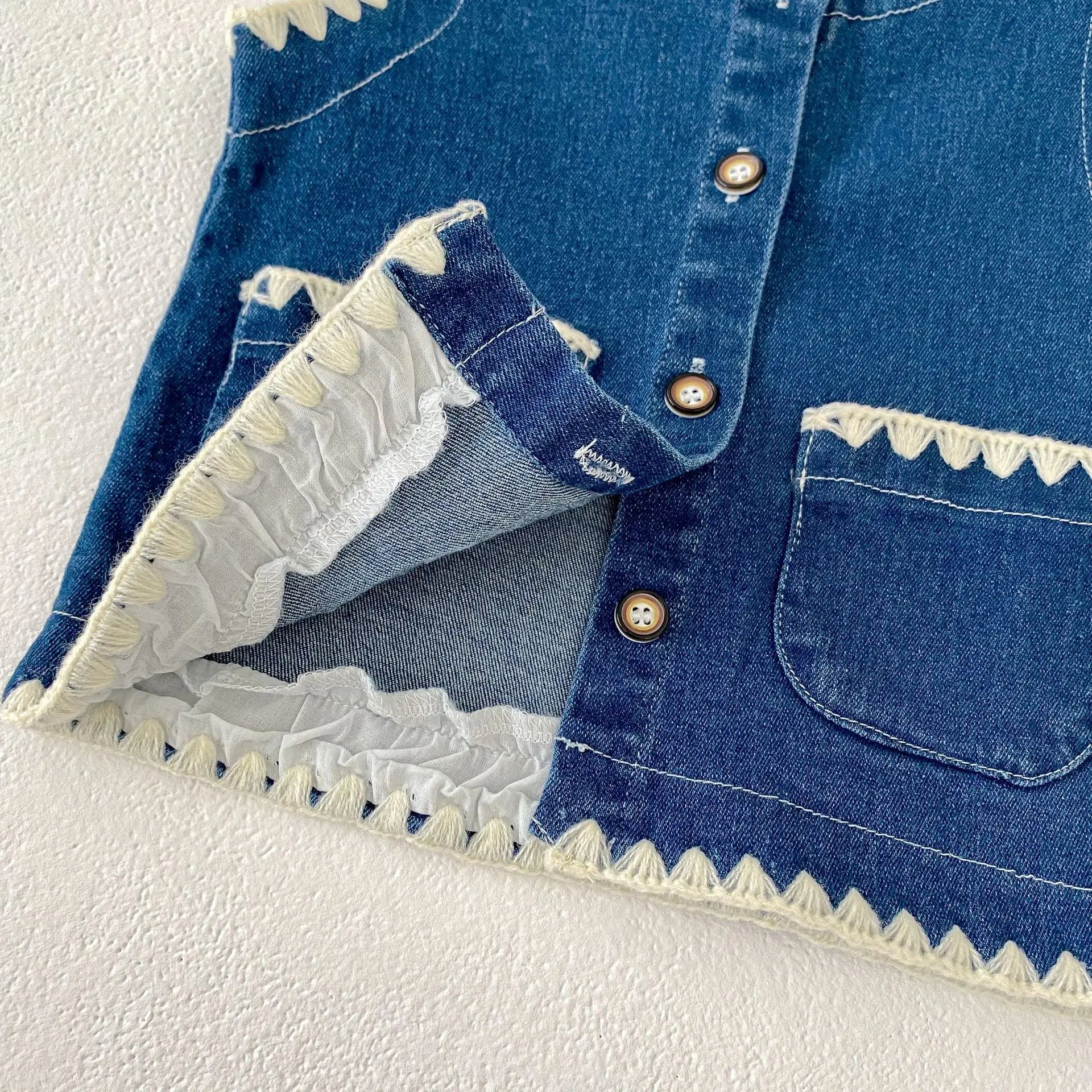 ノースリーブセットアップ キッズベスト/パンツ 刺繍ステッチバイピングデニムベスト/デニムフレアパンツ【mh-0008744】