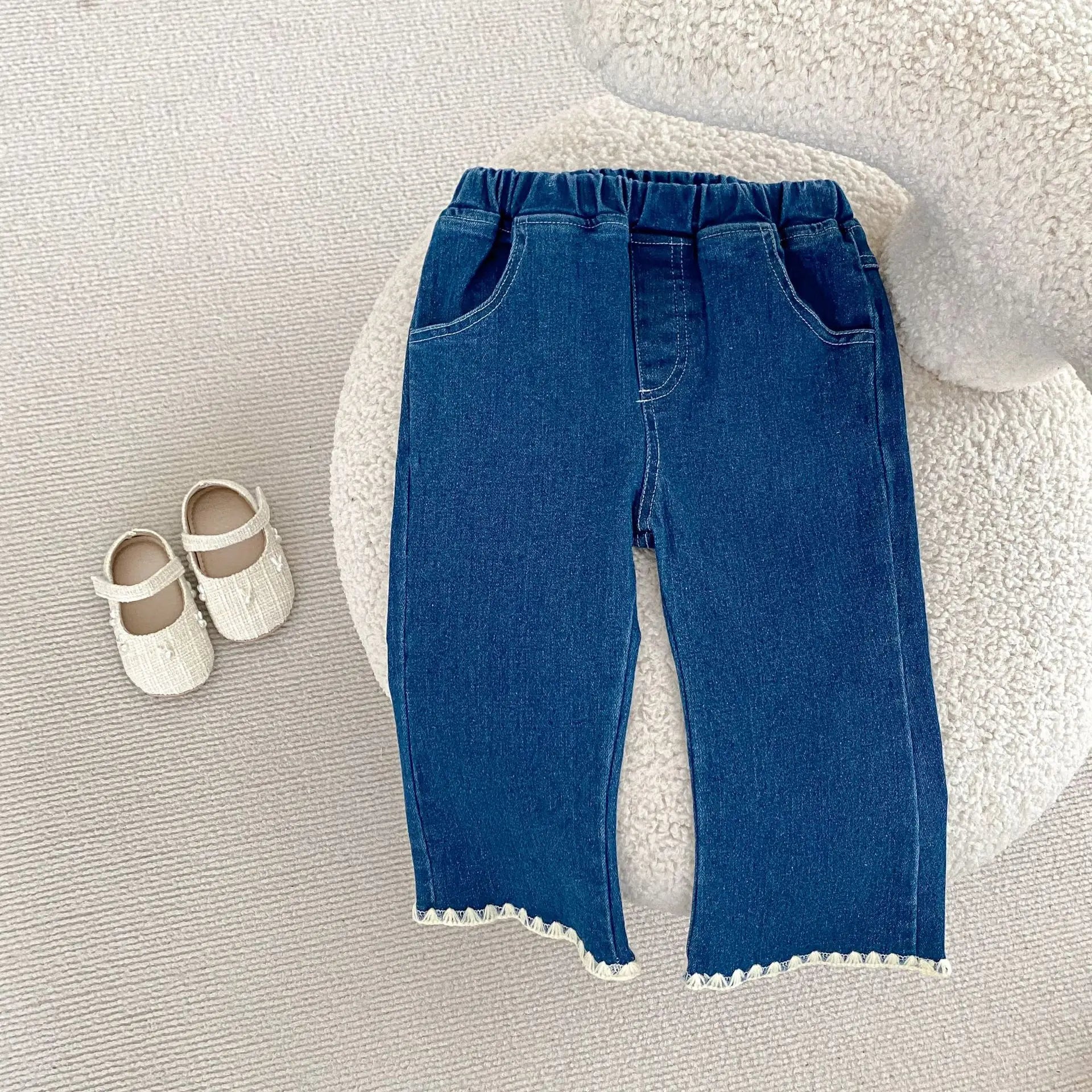 ノースリーブセットアップ キッズベスト/パンツ 刺繍ステッチバイピングデニムベスト/デニムフレアパンツ【mh-0008744】