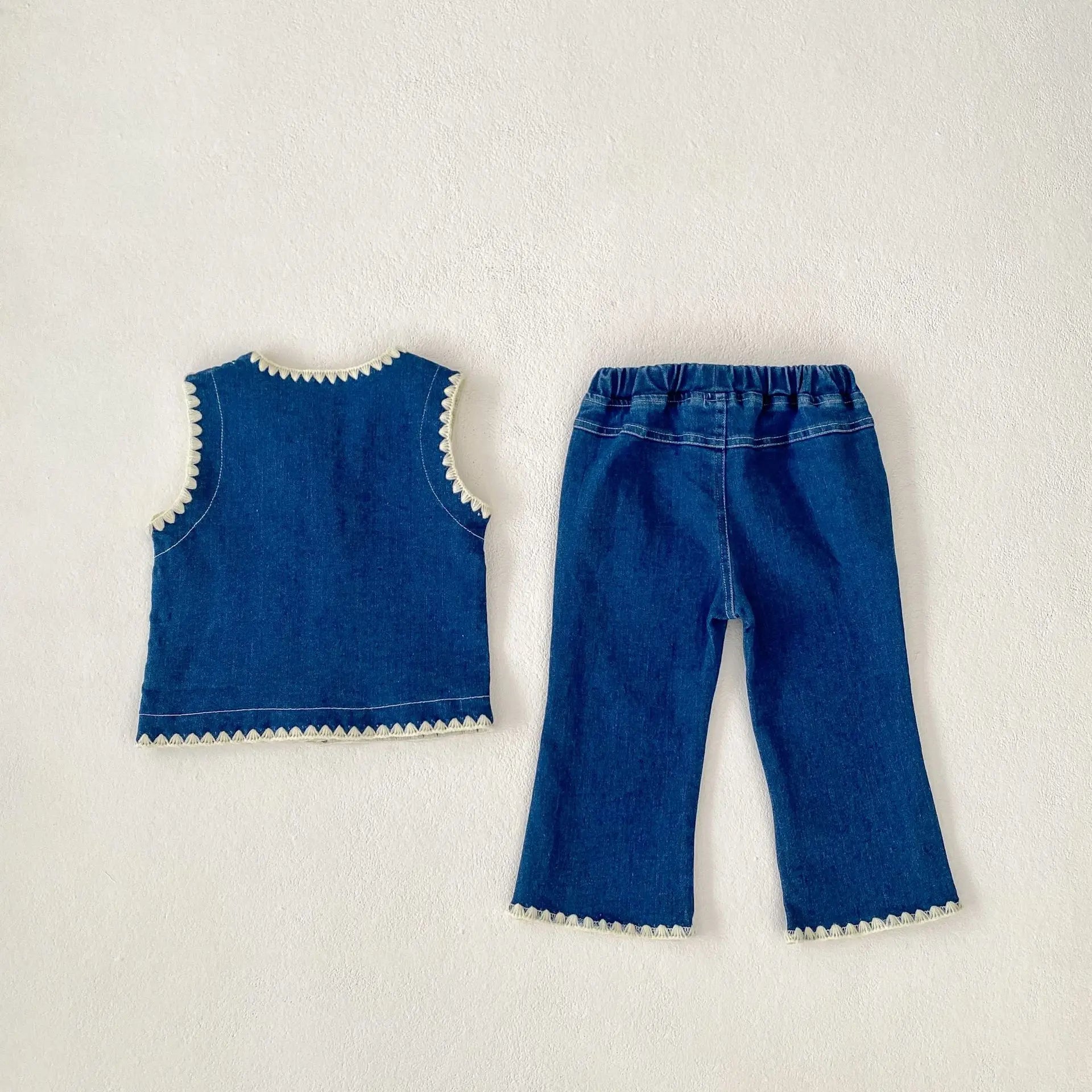 ノースリーブセットアップ キッズベスト/パンツ 刺繍ステッチバイピングデニムベスト/デニムフレアパンツ【mh-0008744】