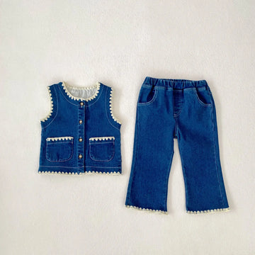 ノースリーブセットアップ キッズベスト/パンツ 刺繍ステッチバイピングデニムベスト/デニムフレアパンツ【mh-0008744】