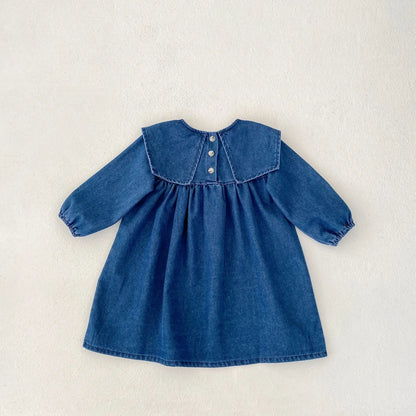 長袖ロンパース ベビーロンパース/キッズワンピース デニムビッグ襟長袖ボディスーツ/ワンピース リンクコーデ姉妹 お揃いコーデ【mh-0008745】