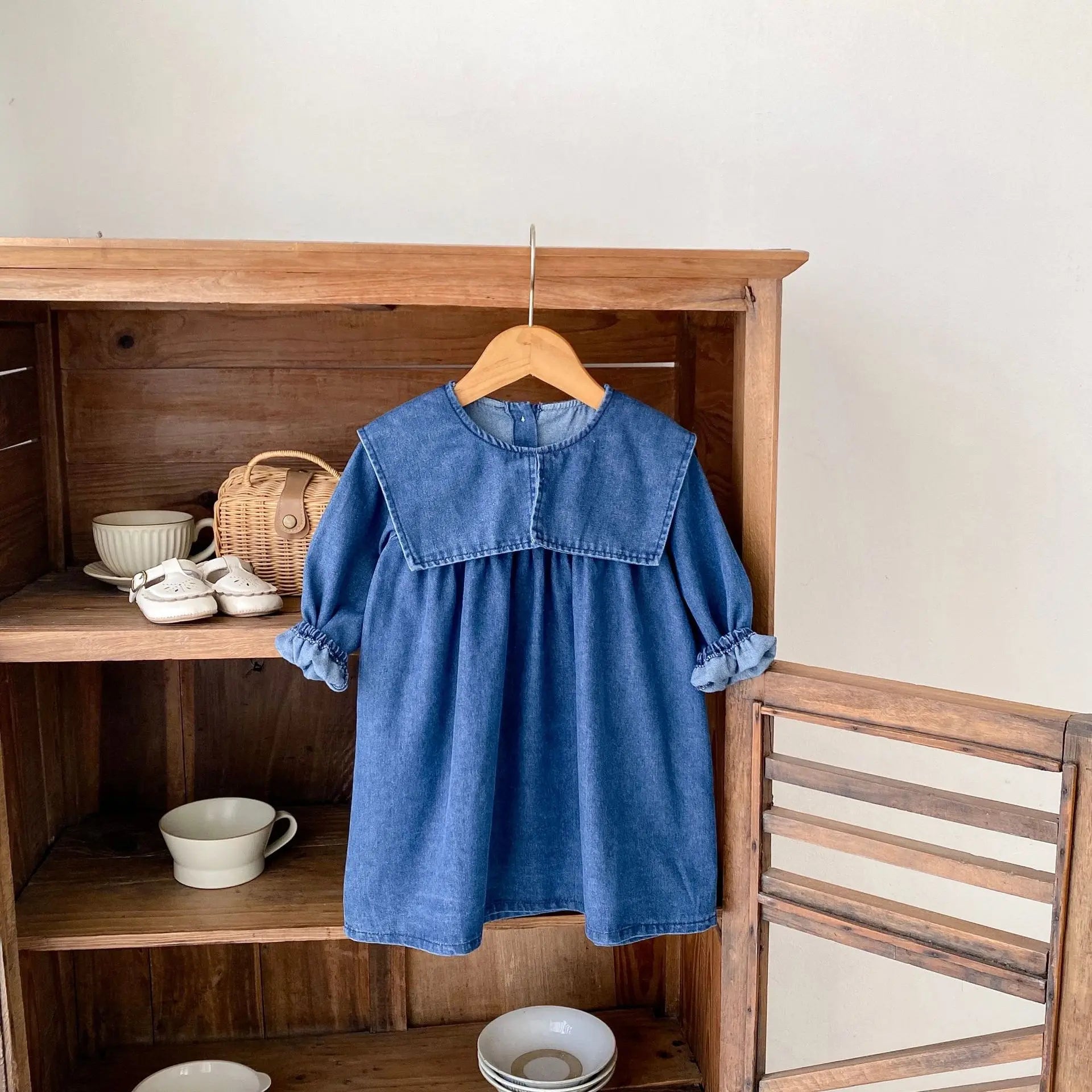長袖ロンパース ベビーロンパース/キッズワンピース デニムビッグ襟長袖ボディスーツ/ワンピース リンクコーデ姉妹 お揃いコーデ【mh-0008745】
