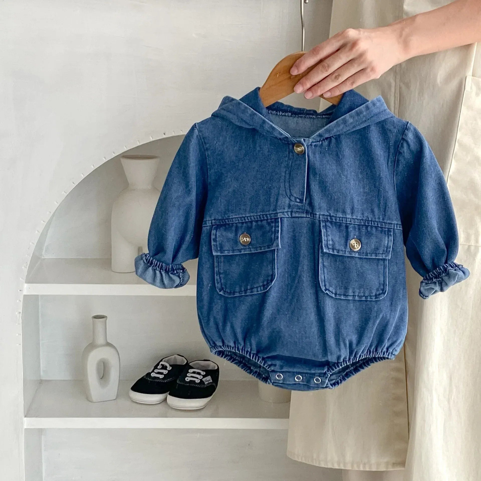 長袖ロンパース ベビーロンパース デニムフーディ長袖ボディスーツ【mh-0008748】