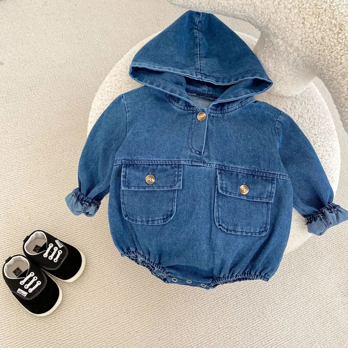 長袖ロンパース ベビーロンパース デニムフーディ長袖ボディスーツ【mh-0008748】