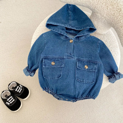 長袖ロンパース ベビーロンパース デニムフーディ長袖ボディスーツ【mh-0008748】