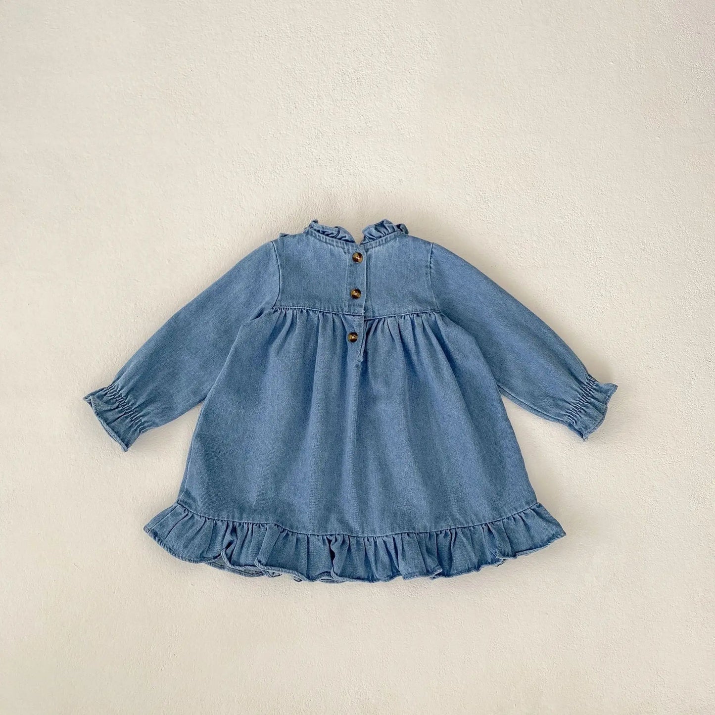 長袖ワンピース ベビーワンピース フラワー花柄刺繍スタンドフリルカラーデニム長袖ワンピース【mh-0008749】