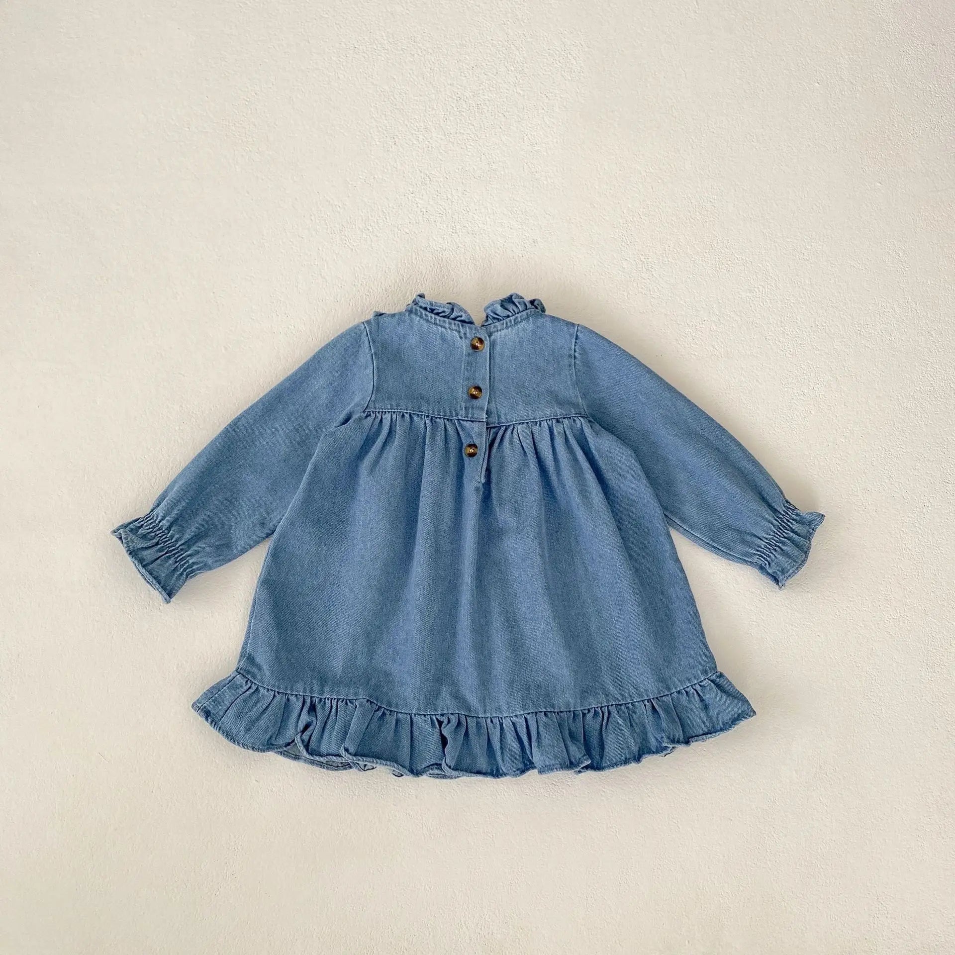 長袖ワンピース ベビーワンピース フラワー花柄刺繍スタンドフリルカラーデニム長袖ワンピース【mh-0008749】