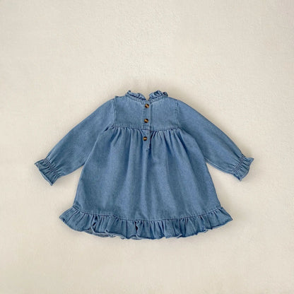 長袖ワンピース ベビーワンピース フラワー花柄刺繍スタンドフリルカラーデニム長袖ワンピース【mh-0008749】