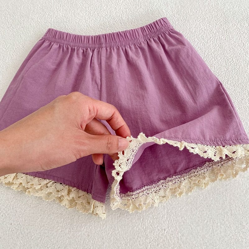 ノースリーブセットアップ ベビー キッズ セットアップ フラワー 刺繍 レース ノースリーブ ブラウス ショートパンツ ピンク ブルー パープル ガールズ【mh0002001】