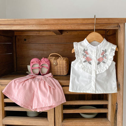 ノースリーブセットアップ ベビー キッズ セットアップ フラワー 刺繍 ノースリーブ ブラウス シャツ リボン ショートパンツ ピンク ガールズ【mh0002236】