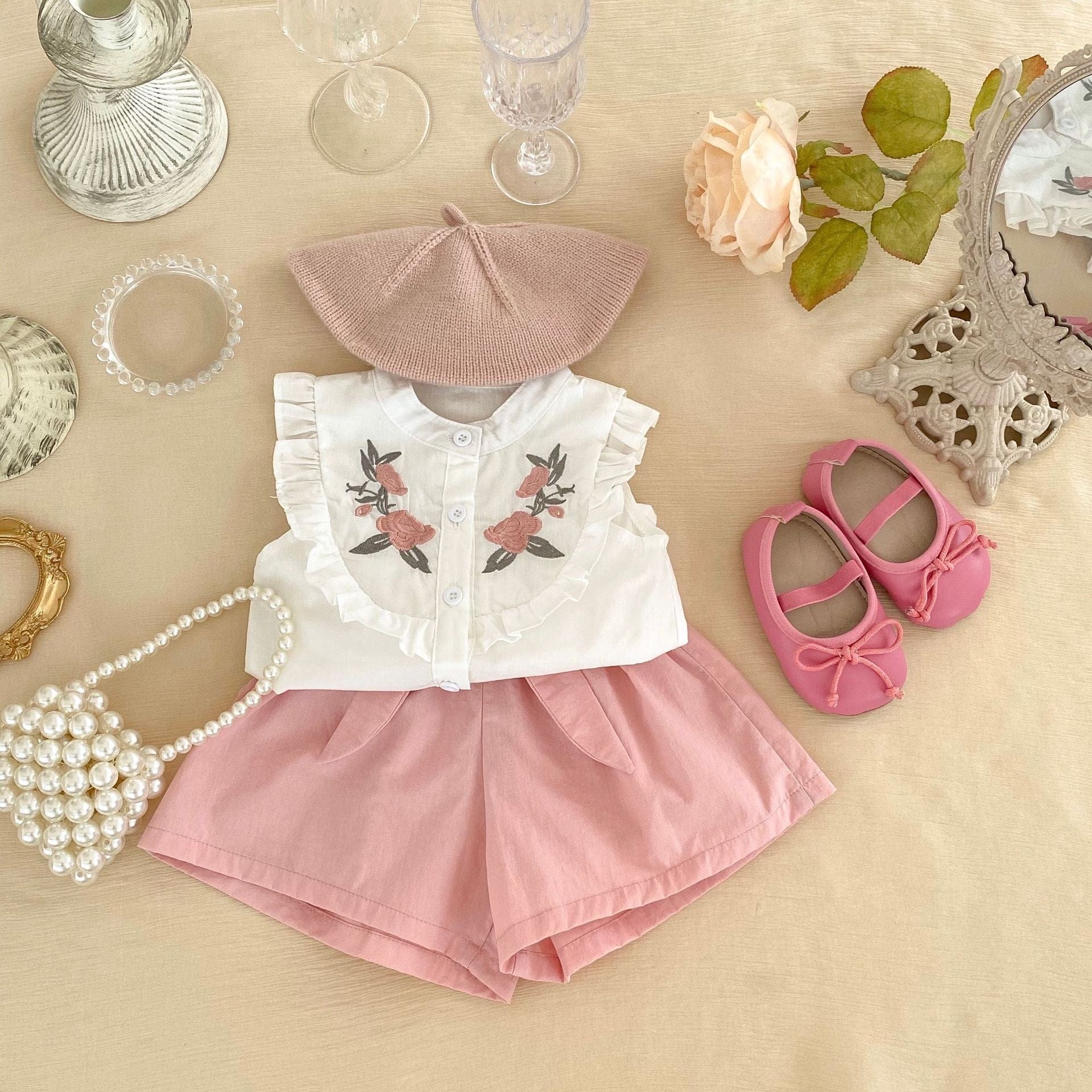 ノースリーブセットアップ ベビー キッズ セットアップ フラワー 刺繍 ノースリーブ ブラウス シャツ リボン ショートパンツ ピンク ガールズ【mh0002236】
