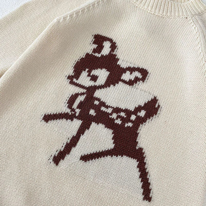 長袖ロンパース ベビーロンパース 長袖ニットボディスーツ 鹿バンビ柄 耳付きニット帽 ボンネット【mh0004101】