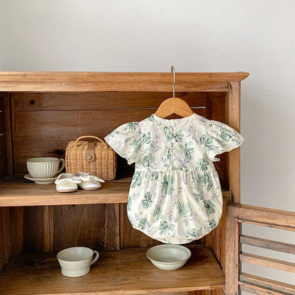半袖ロンパース ベビーロンパース 半袖フリルスリーブボディスーツ リボン フラワー花柄プリント【mh0004642】