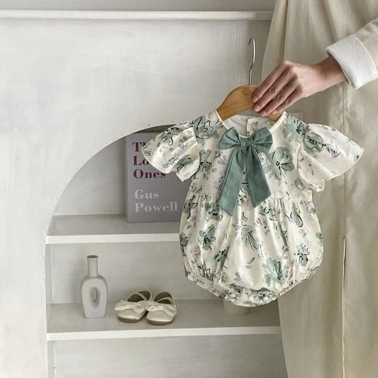 半袖ロンパース ベビーロンパース 半袖フリルスリーブボディスーツ リボン フラワー花柄プリント【mh0004642】