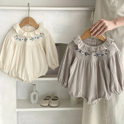 長袖ロンパース ベビー フラワー 花柄 刺繍 フリルカラー 長袖 ロンパース ガールズ【mh0004929】