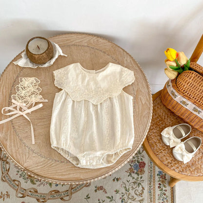 ノースリーブロンパース ベビーロンパース ビッグ襟 ノースリーブボディスーツ 刺繍レース ベージュ【mh0005262】