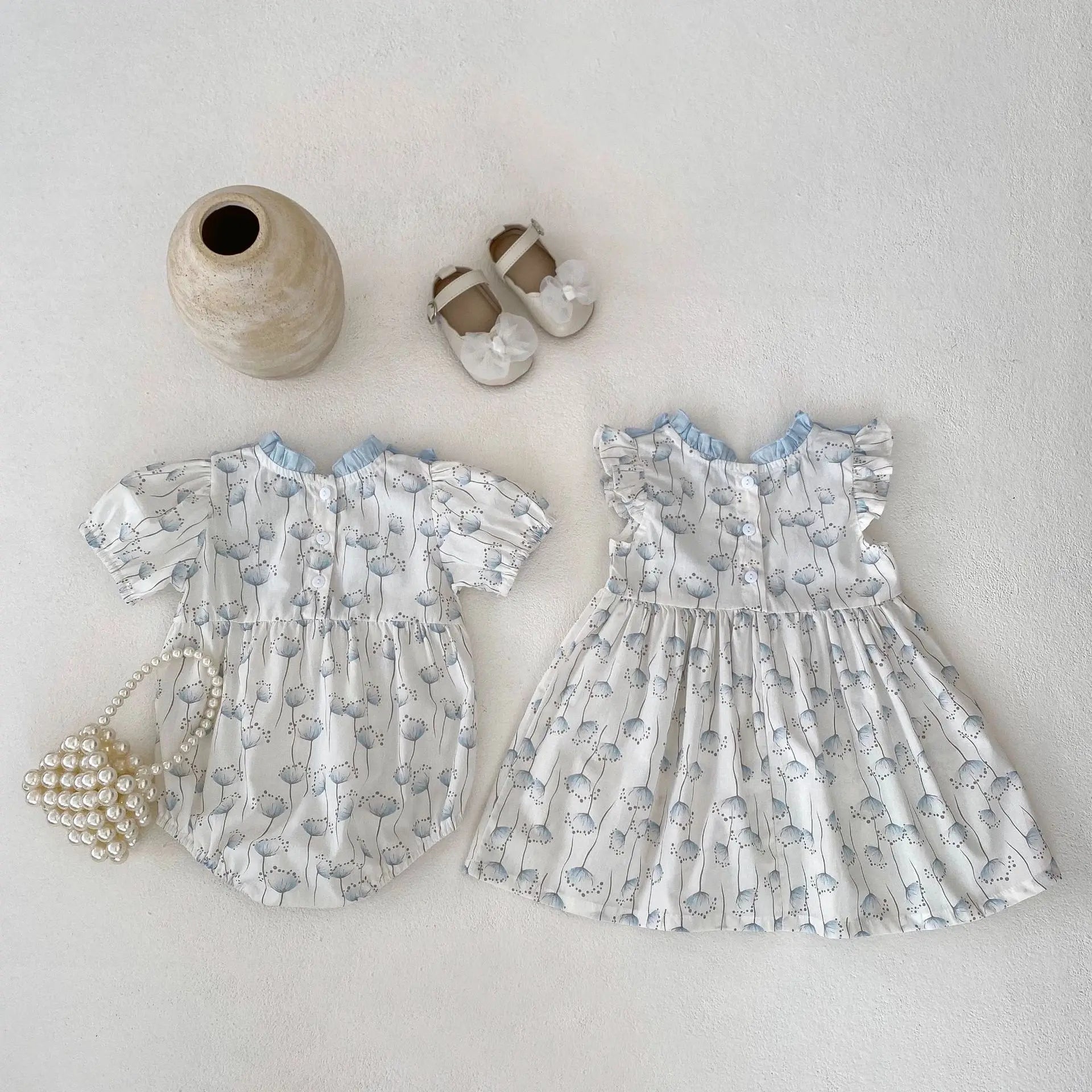 半袖ロンパース ベビーロンパース/キッズワンピース フリル 半袖 たんぽぽプリント リンクコーデ 姉妹 お揃いコーデ【mh0005392】