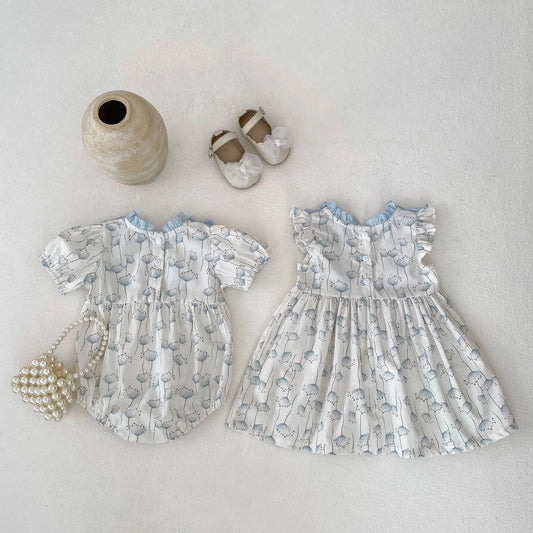 半袖ロンパース ベビーロンパース/キッズワンピース フリル 半袖 たんぽぽプリント リンクコーデ 姉妹 お揃いコーデ【mh0005392】