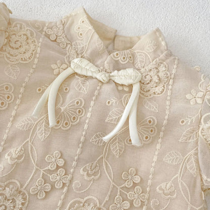 半袖ロンパース ベビーロンパース 半袖チャイナドレスボディスーツ フリルレース アプリコット【mh0005539】