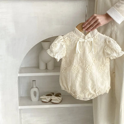 半袖ロンパース ベビーロンパース 半袖チャイナドレスボディスーツ フリルレース アプリコット【mh0005539】