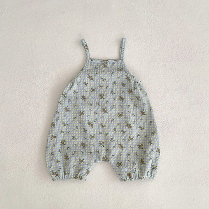 ノースリーブジャンプスーツ ベビージャンプスーツ キャミソールボディスーツ チェックフラワー花柄プリント【mh0005886】