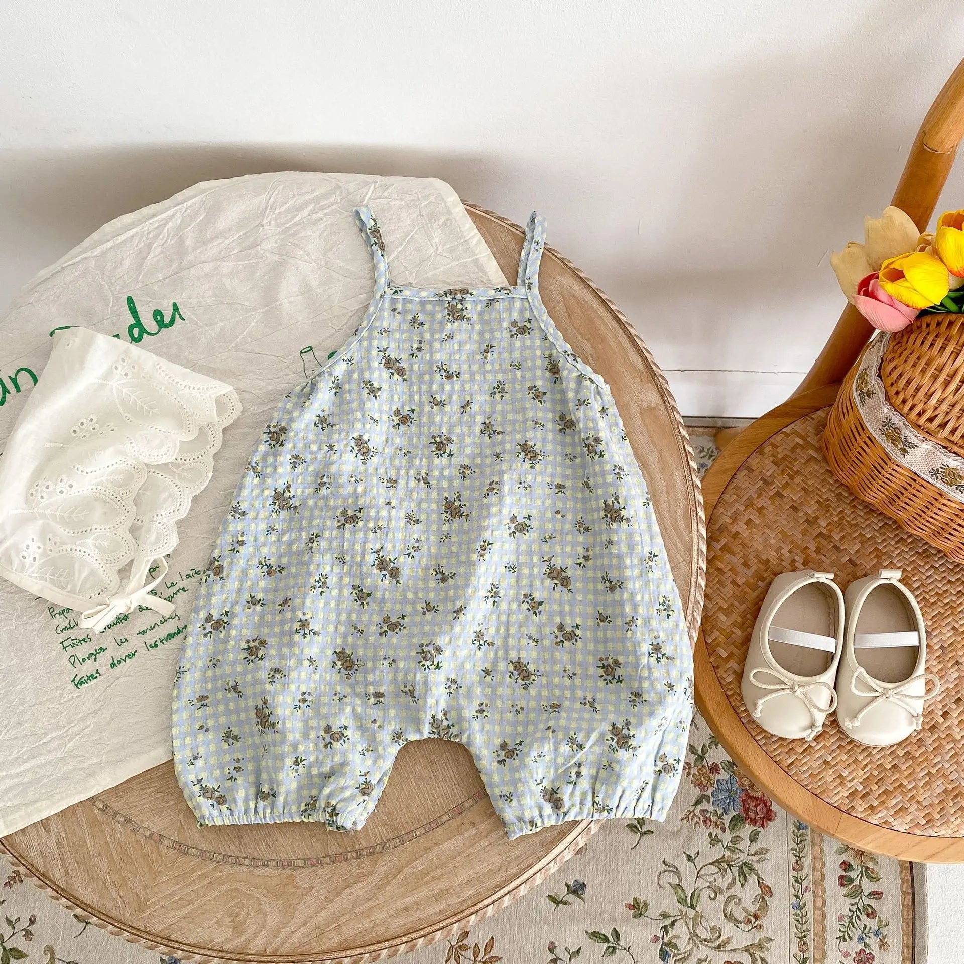 ノースリーブジャンプスーツ ベビージャンプスーツ キャミソールボディスーツ チェックフラワー花柄プリント【mh0005886】