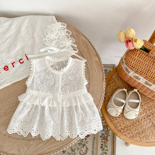 カーディガン・パーカー ベビーカーディガン レース ノースリーブペプラムトップス ホワイト【mh0006089】