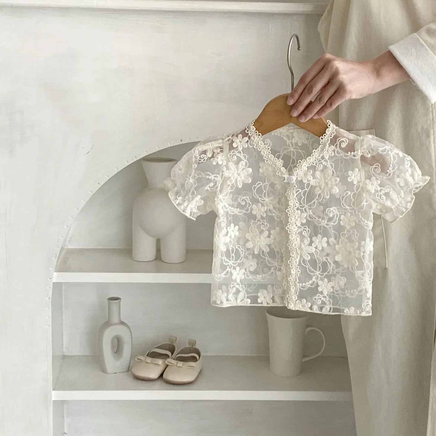 カーディガン・パーカー ベビーカーディガン レース 半袖ジャケット ボレロ アプリコット【mh0006115】