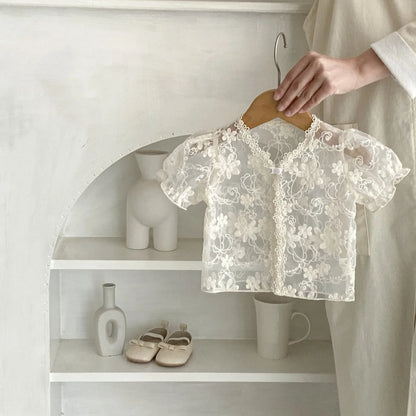 カーディガン・パーカー ベビーカーディガン レース 半袖ジャケット ボレロ アプリコット【mh0006115】