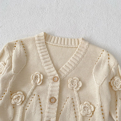 カーディガン・パーカー ベビーカーディガン ニットジャケット フラワー刺繍 アプリコットホワイト【mh0006406】