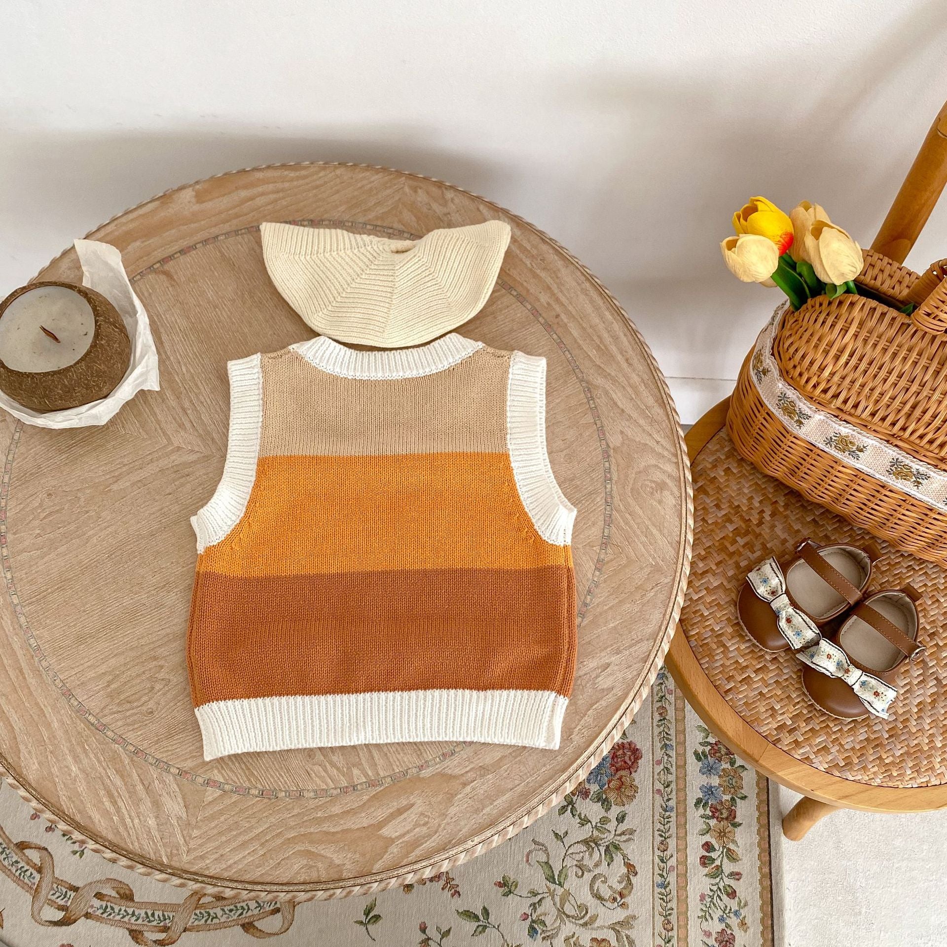 ベスト ベビーベスト ニットトップス フラワー刺繍 ボーダー【mh0006411】