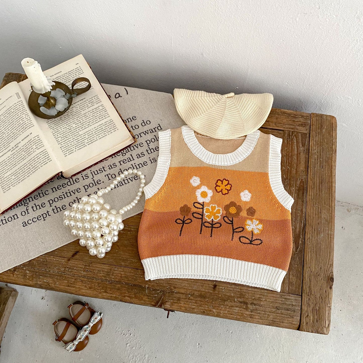 ベスト ベビーベスト ニットトップス フラワー刺繍 ボーダー【mh0006411】