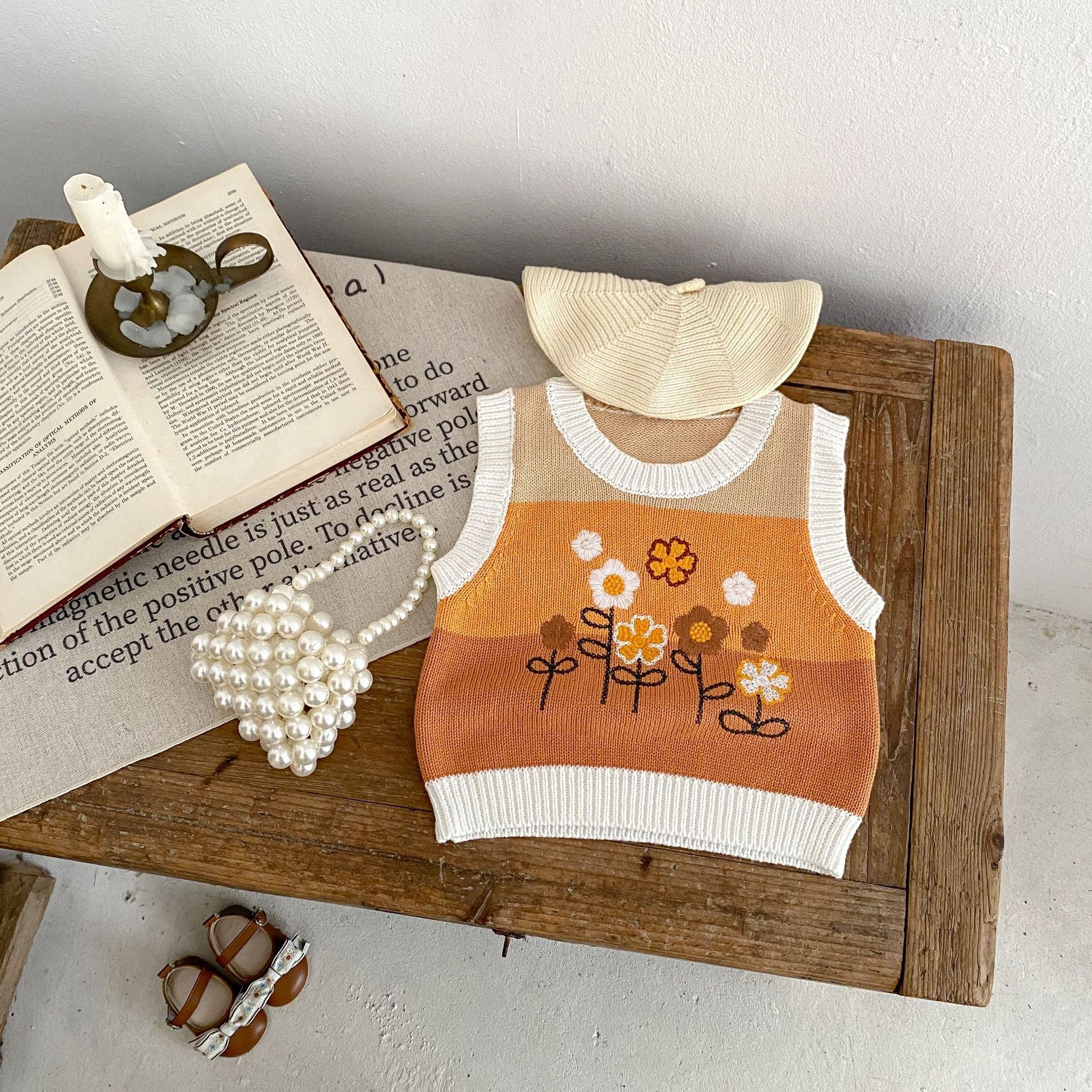 ベスト ベビーベスト ニットトップス フラワー刺繍 ボーダー【mh0006411】