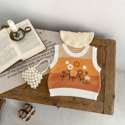 ベスト ベビーベスト ニットトップス フラワー刺繍 ボーダー【mh0006411】