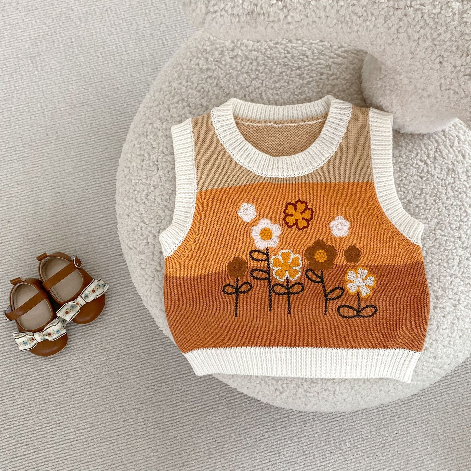 ベスト ベビーベスト ニットトップス フラワー刺繍 ボーダー【mh0006411】