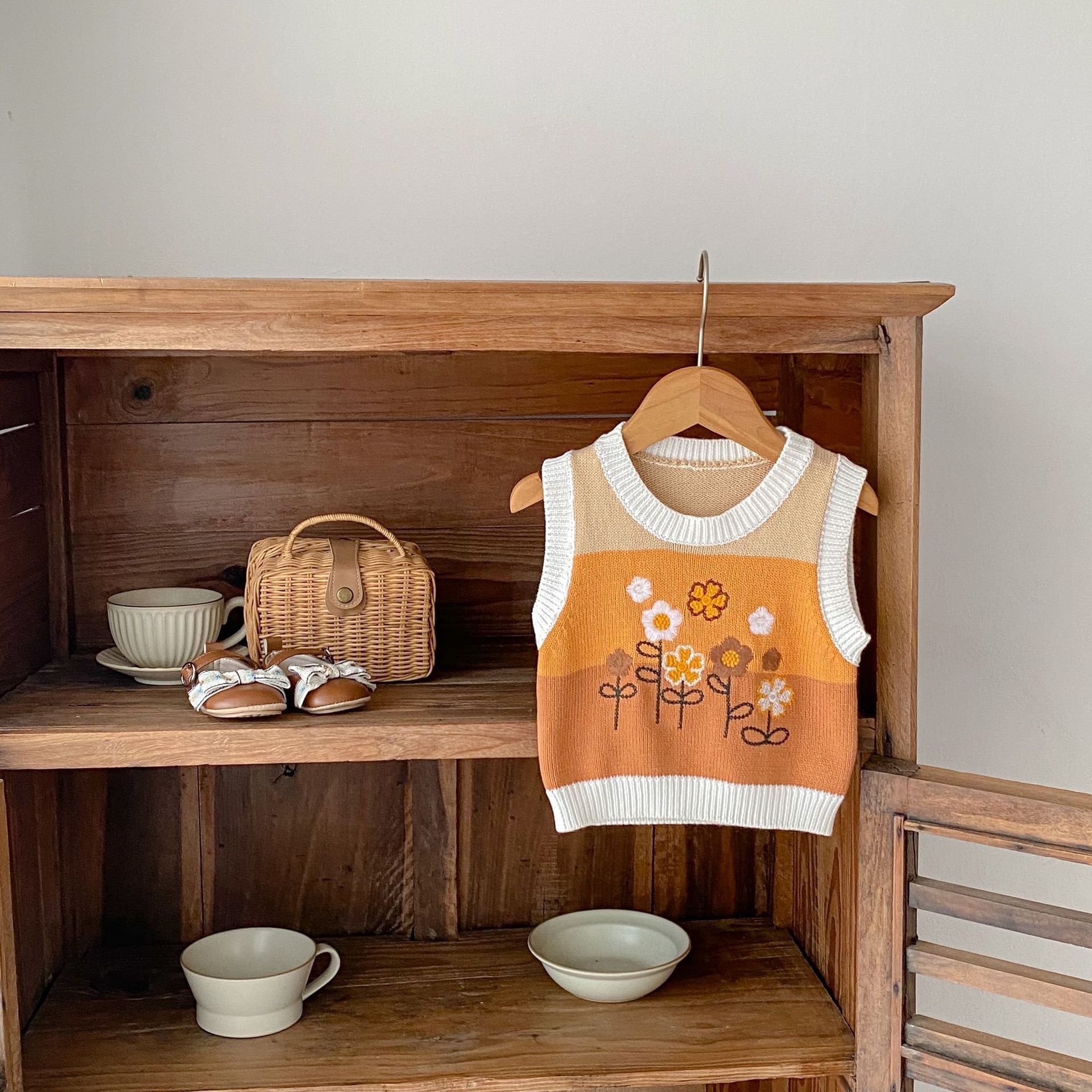 ベスト ベビーベスト ニットトップス フラワー刺繍 ボーダー【mh0006411】