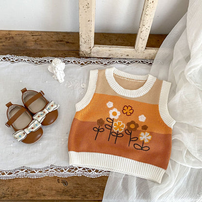 ベスト ベビーベスト ニットトップス フラワー刺繍 ボーダー【mh0006411】